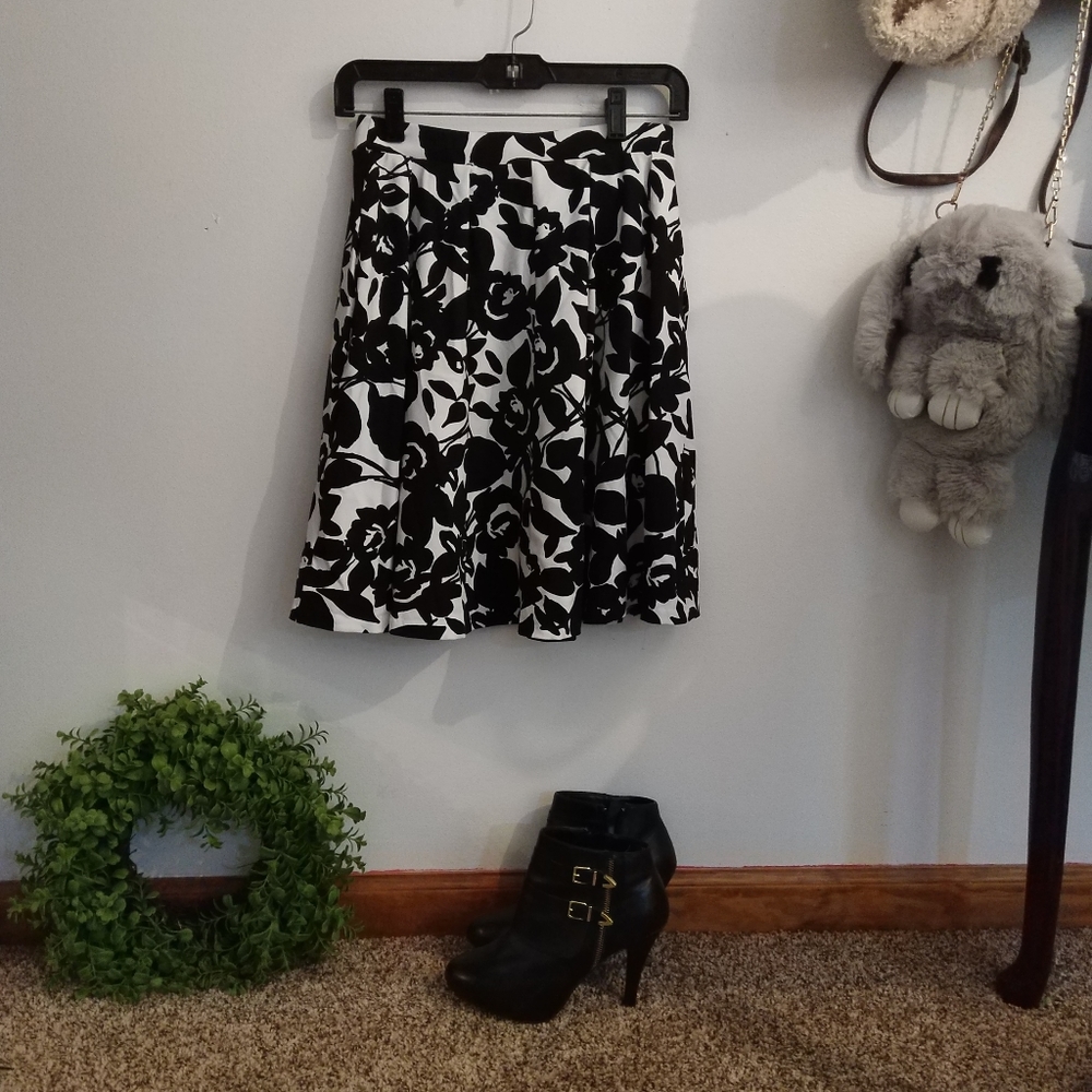 Midi length black and white floral skirt
